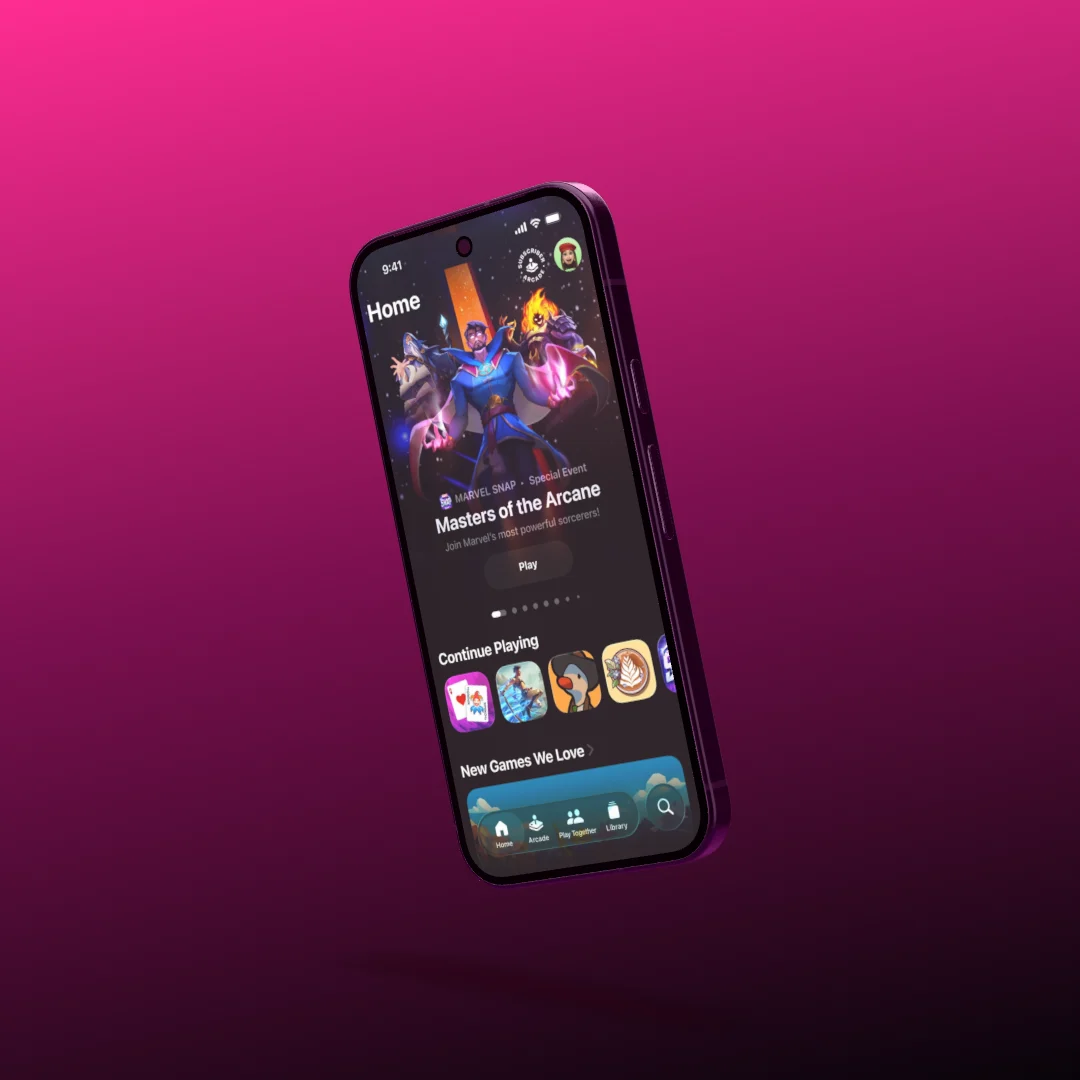 An iPhone tilted on a pink to black gradient, a game on its screen