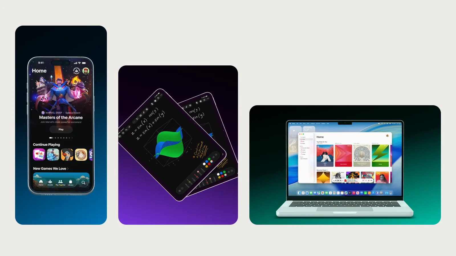 Three rendered mockups side by side on a light background: an iPhone in portrait, two fanned-out iPads and a MacBook, each in its own aspect ratio.