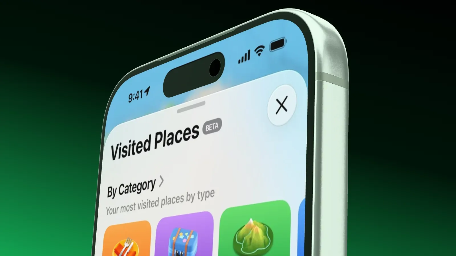 The top corner of an iPhone 17 Pro up close against a black to green gradient, with the Dynamic Island and a clean status bar showing 9:41.