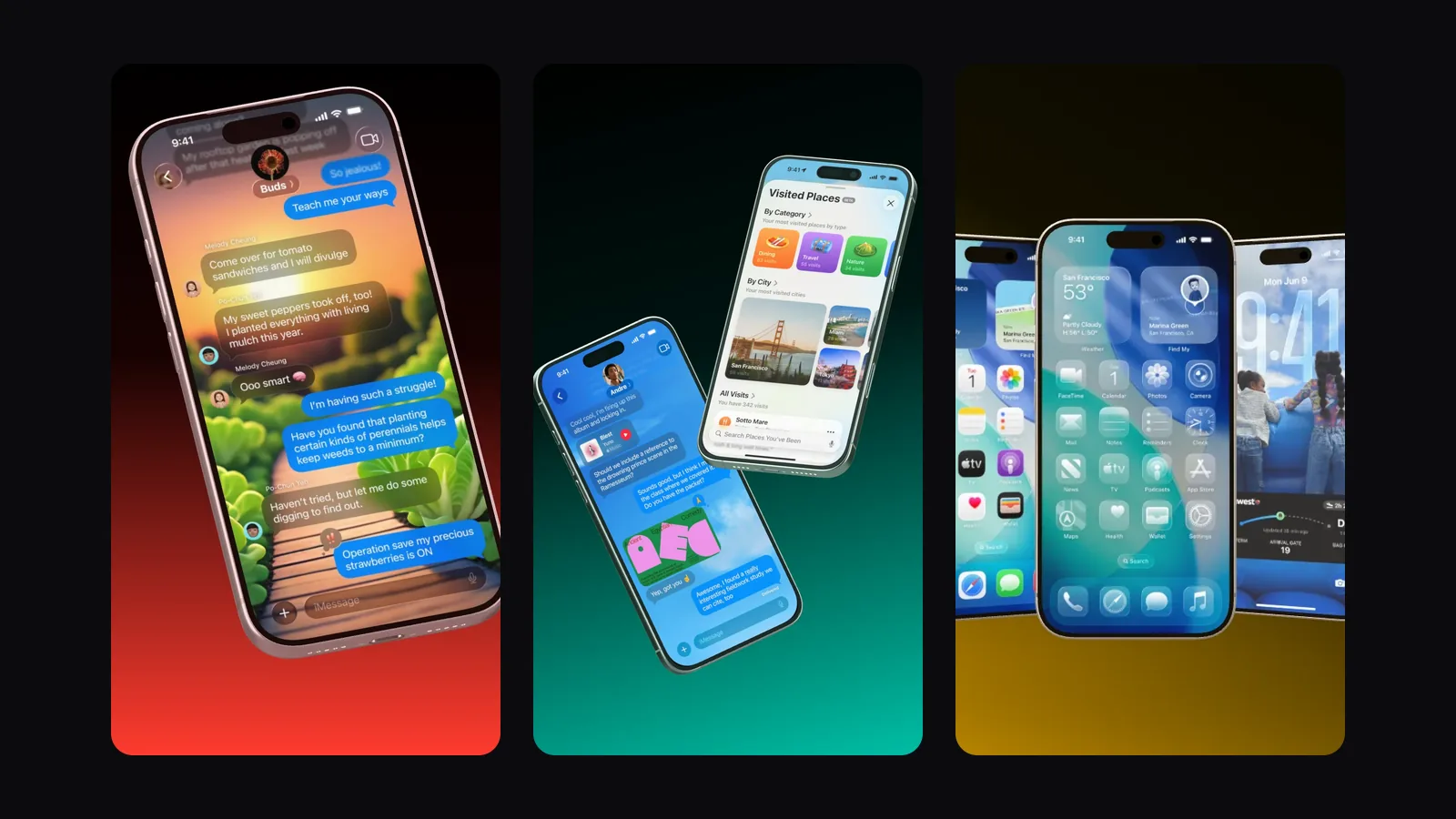 Three vertical frames of a launch video: a chat, a phone with places and a row of phones