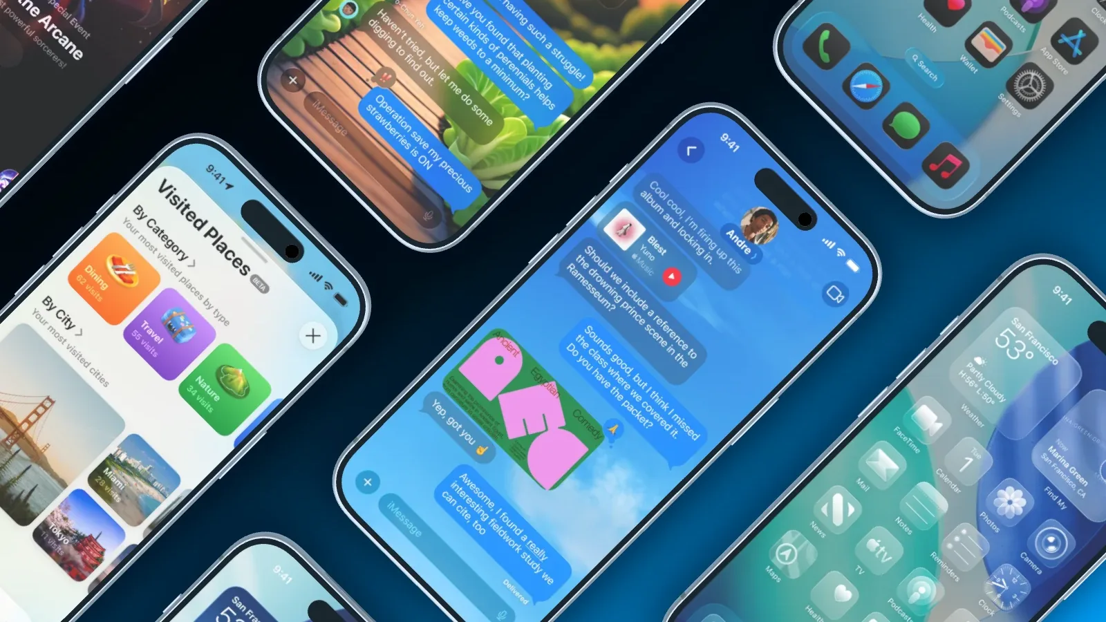 Several iPhones at a diagonal on dark blue, showing places, messages and a home screen