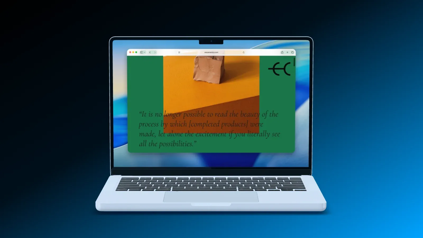 A website in a Safari window on a MacBook, on a blue gradient