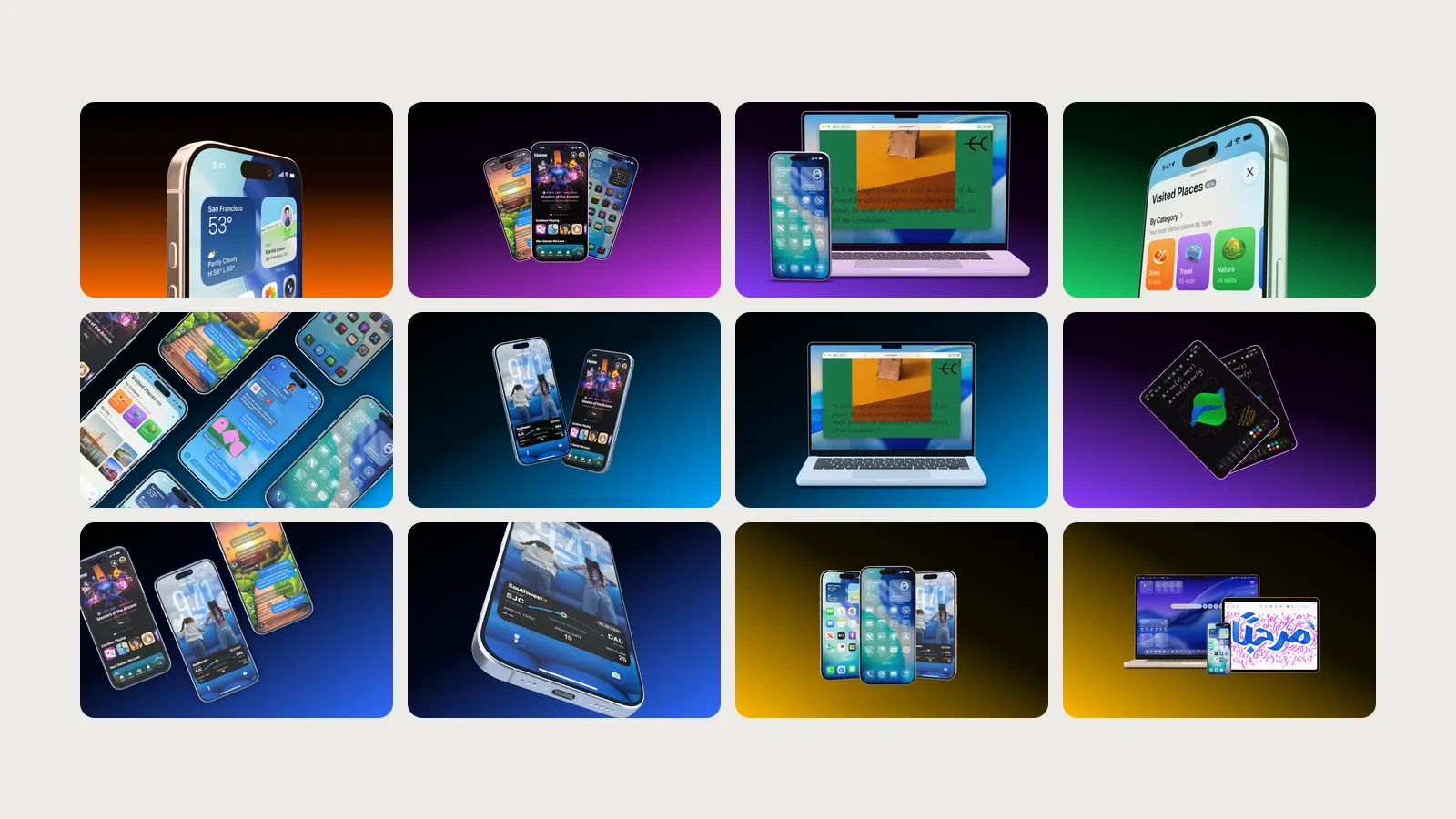 Twelve template previews in a grid on a light background, including phones from below, fans of three iPhones, MacBooks and devices lying flat.