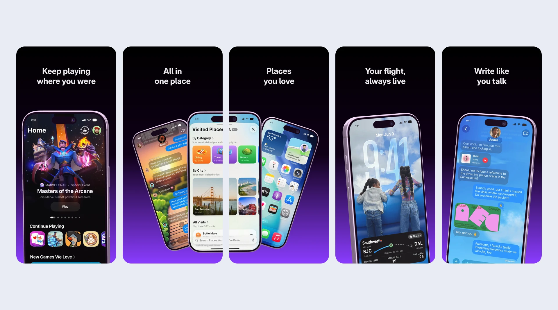 Five images of an App Store set side by side, each with a headline and an iPhone on violet