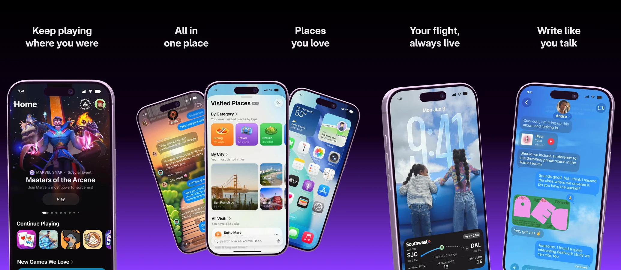 Five images of an App Store set side by side on dark violet. Four show one big iPhone each, images 2 and 3 share a fan of three iPhones across the seam.