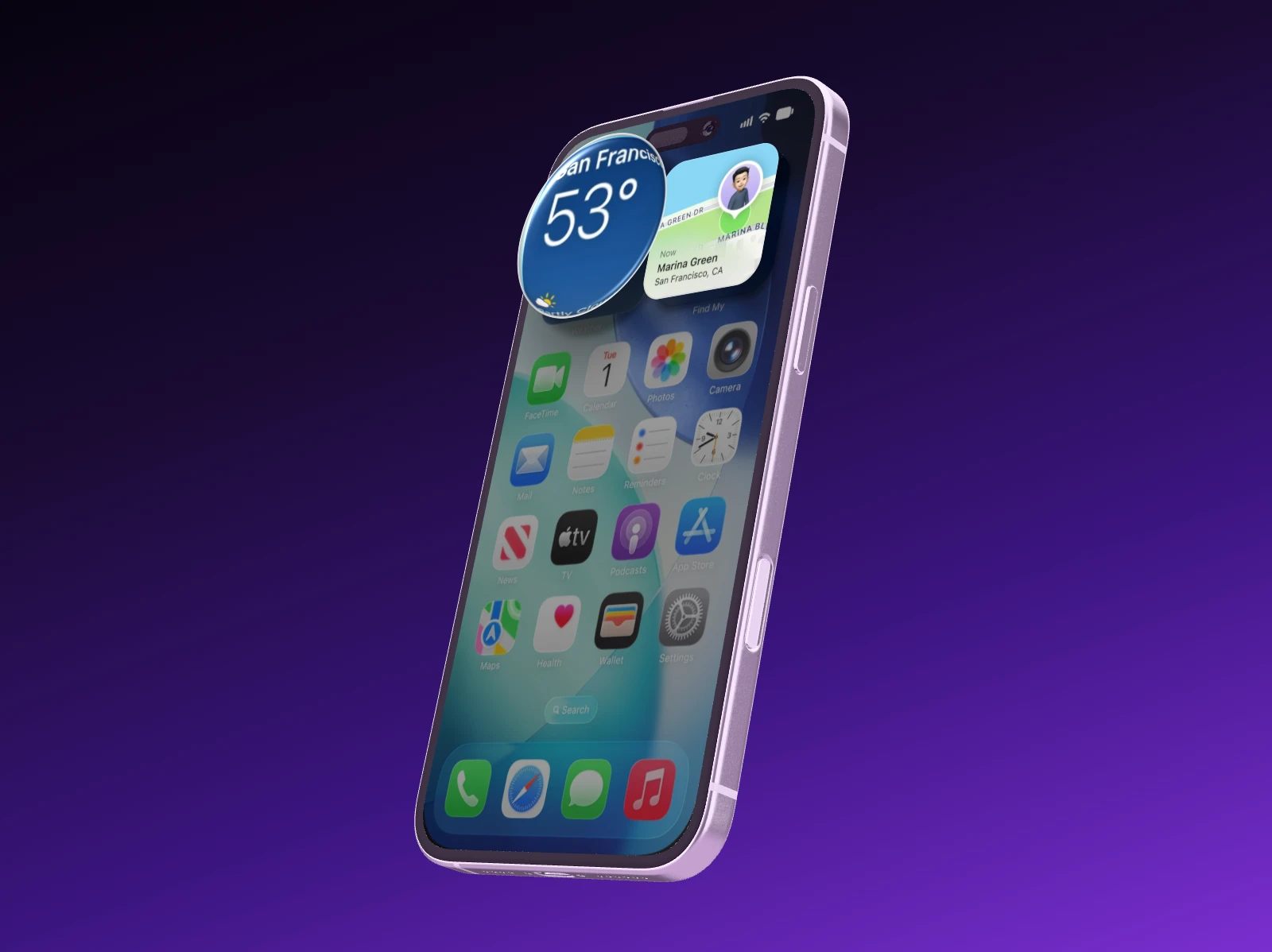 An iPhone at an angle on violet, a location card lifted off its display and a glass loupe over the temperature