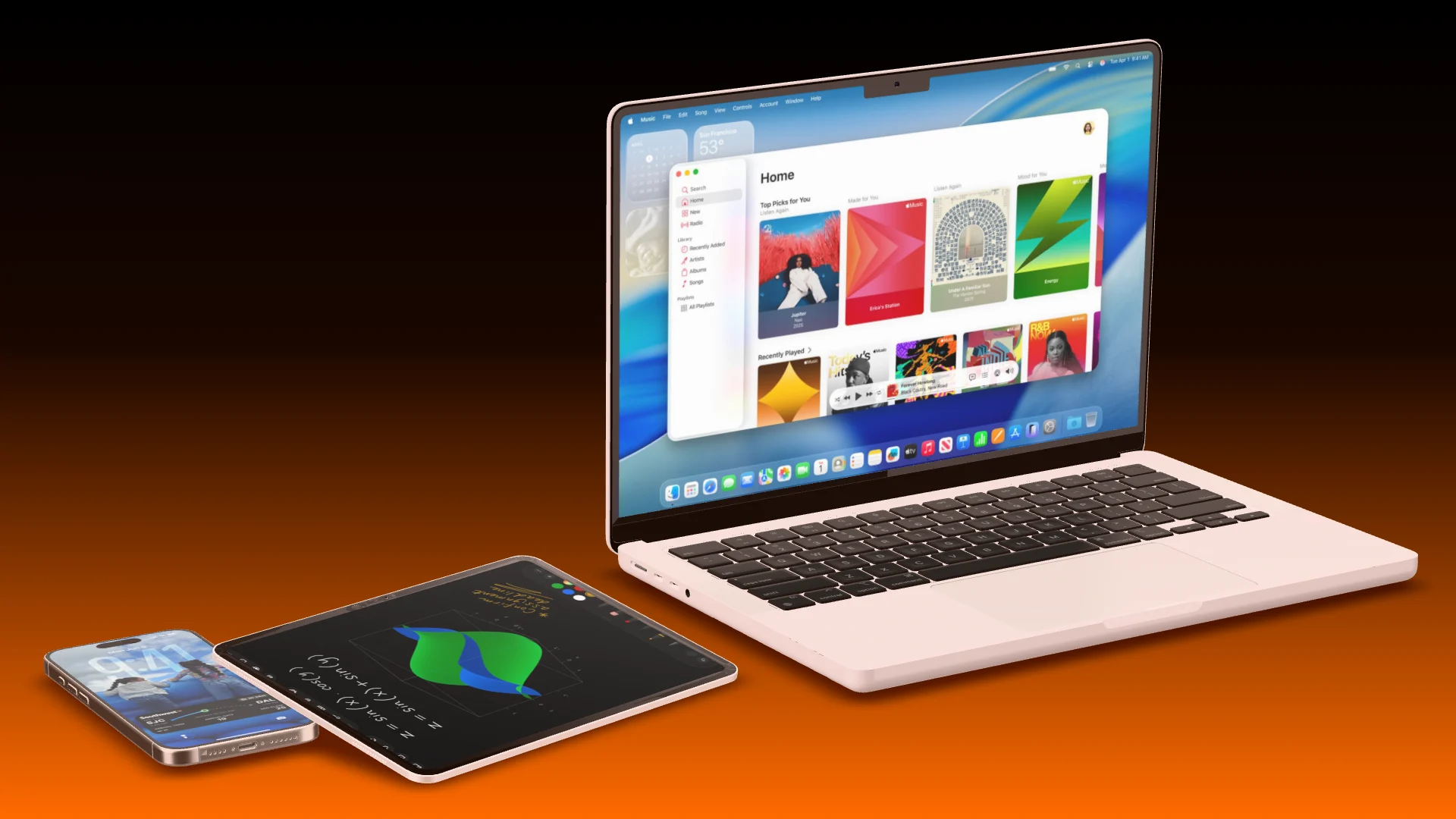 A MacBook with Apple Music, menu bar and Dock, an iPad and an iPhone lying in front of it on an orange gradient