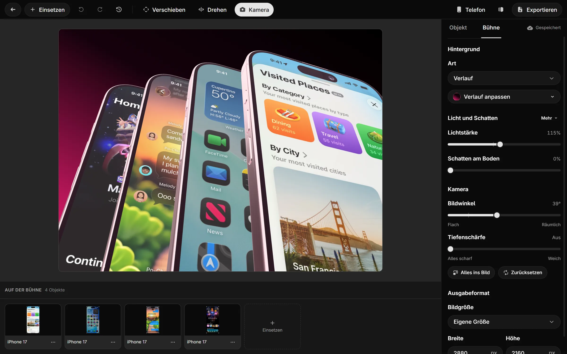 The Showoff editor with four fanned-out iPhones, the timeline below and the stage settings on the right