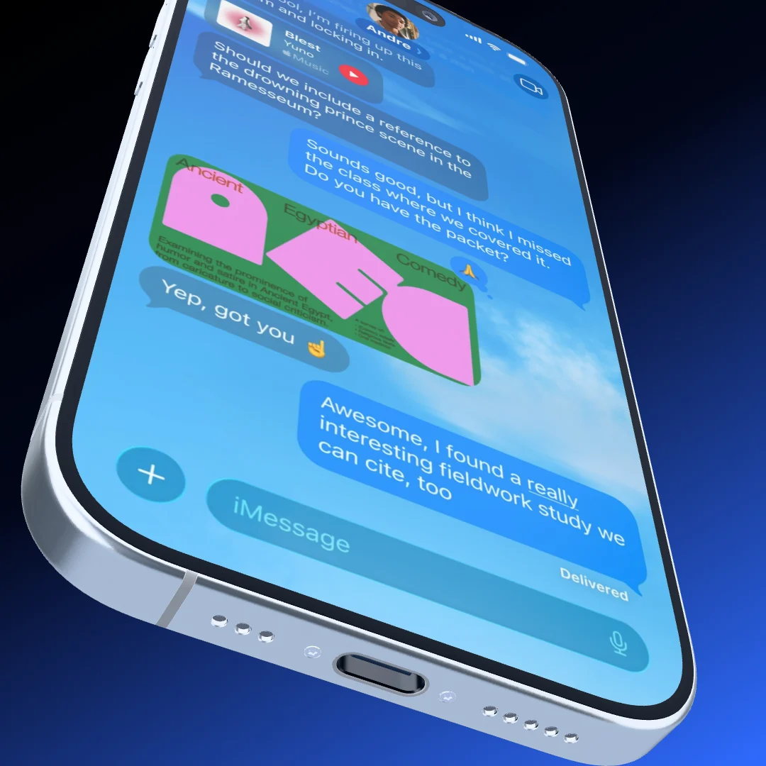 A phone in steep perspective against a blue gradient
