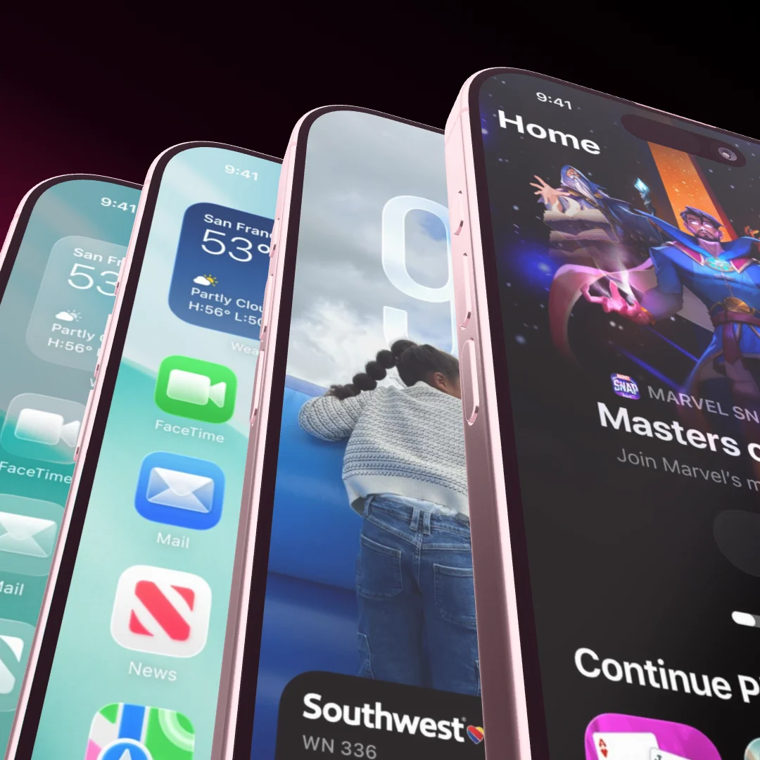 Four phones fanned out close up against a black to green gradient