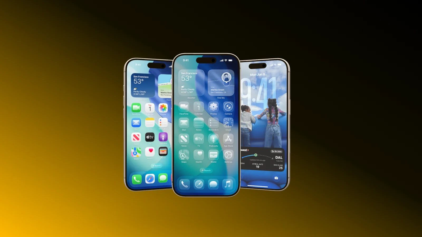 Three iPhone 17 Pro spring into place one after the other, then fly out again.