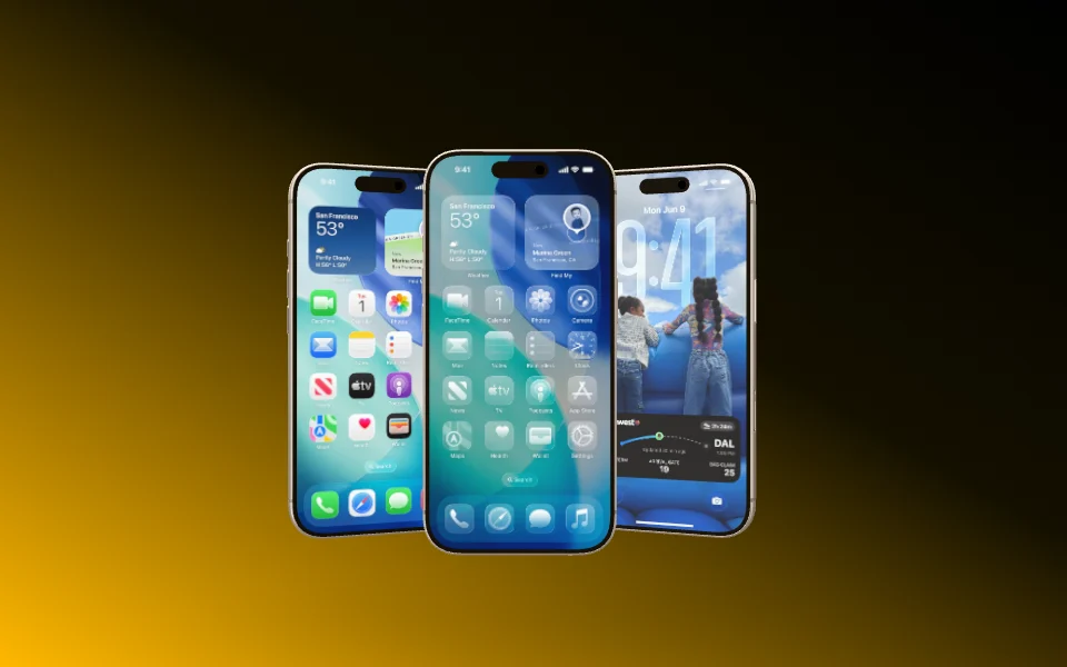 Three iPhone 17 Pro spring into place one after the other, then fly out again.