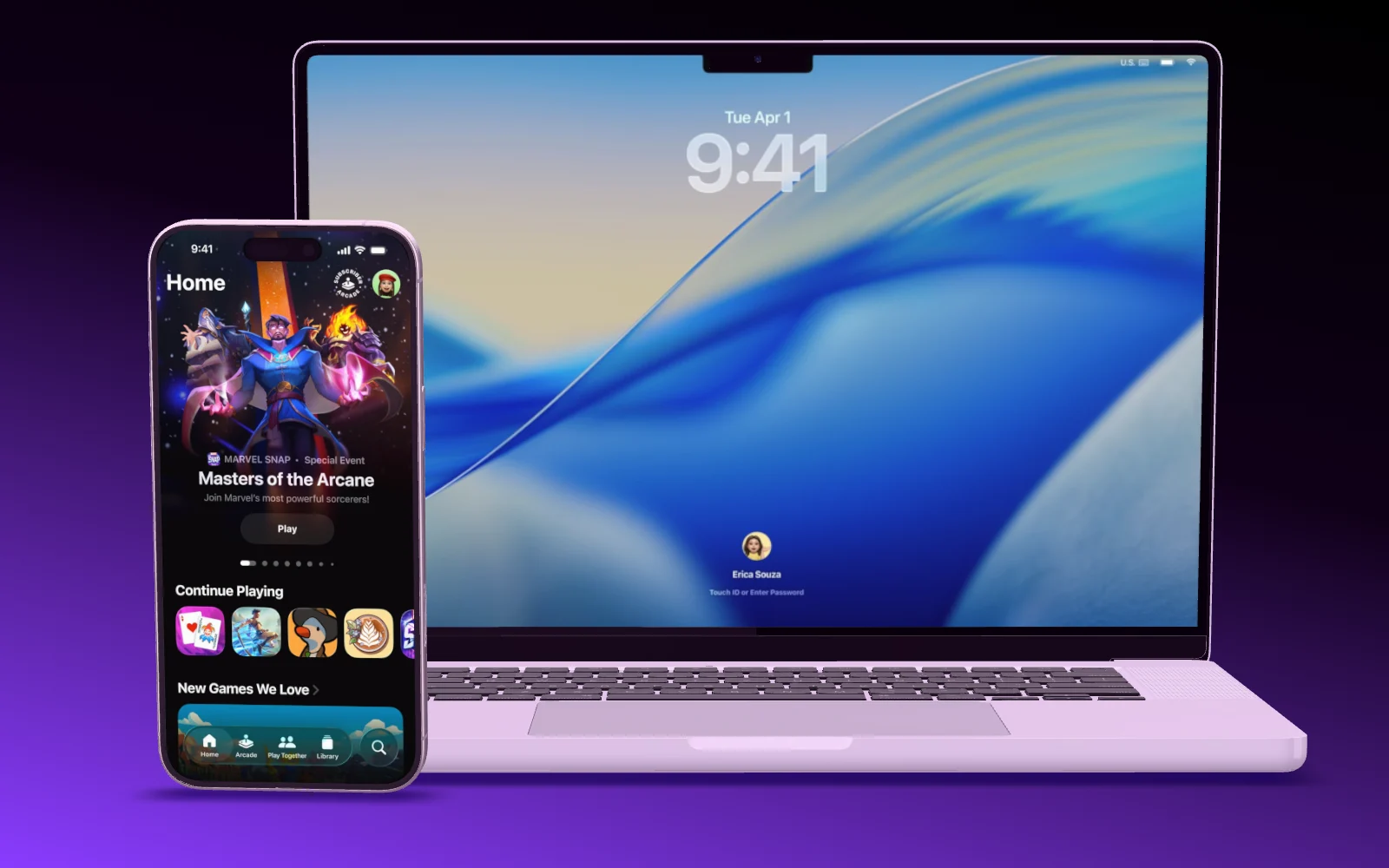 A MacBook and an iPhone on a violet gradient