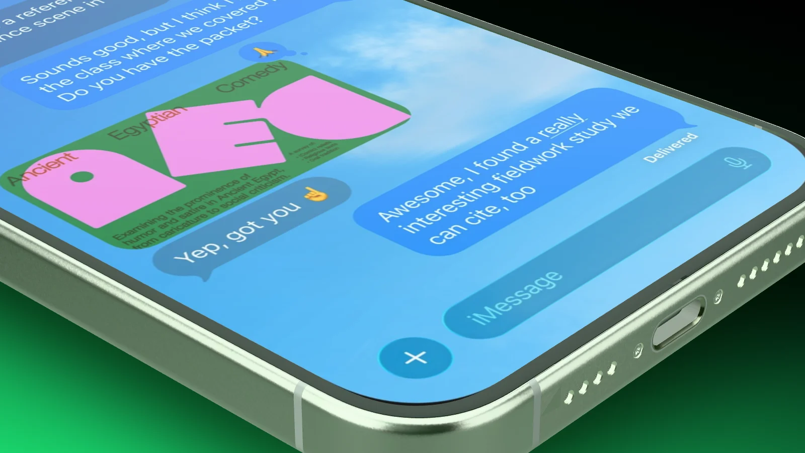 The camera pushes in on an iPhone 16 Pro Max lying flat, right up to its bottom edge.