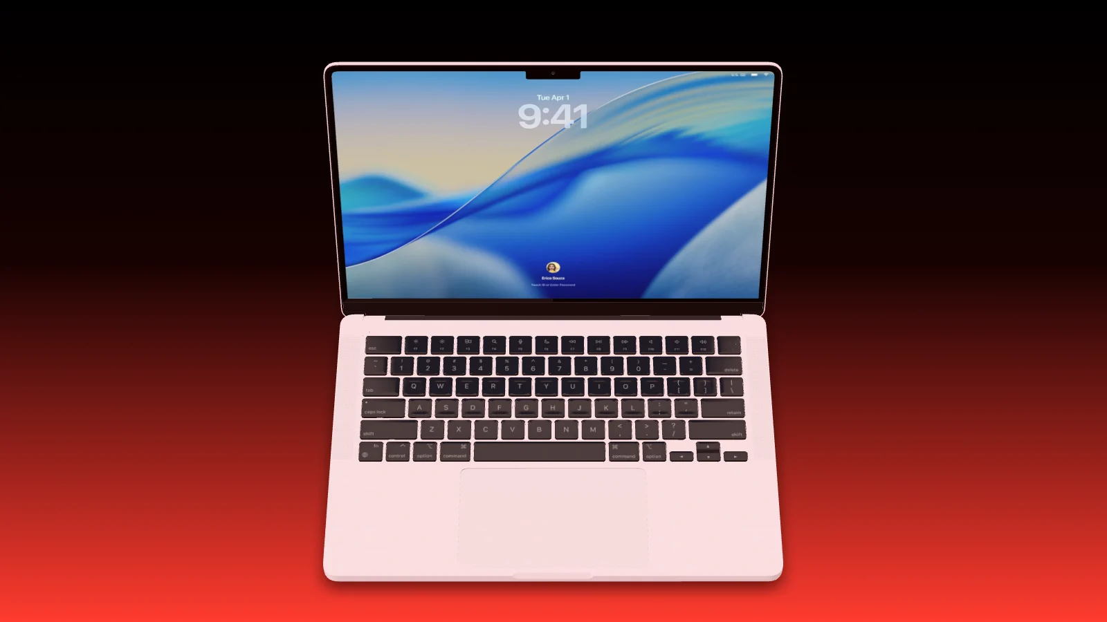 A pink MacBook from above on a black to red gradient