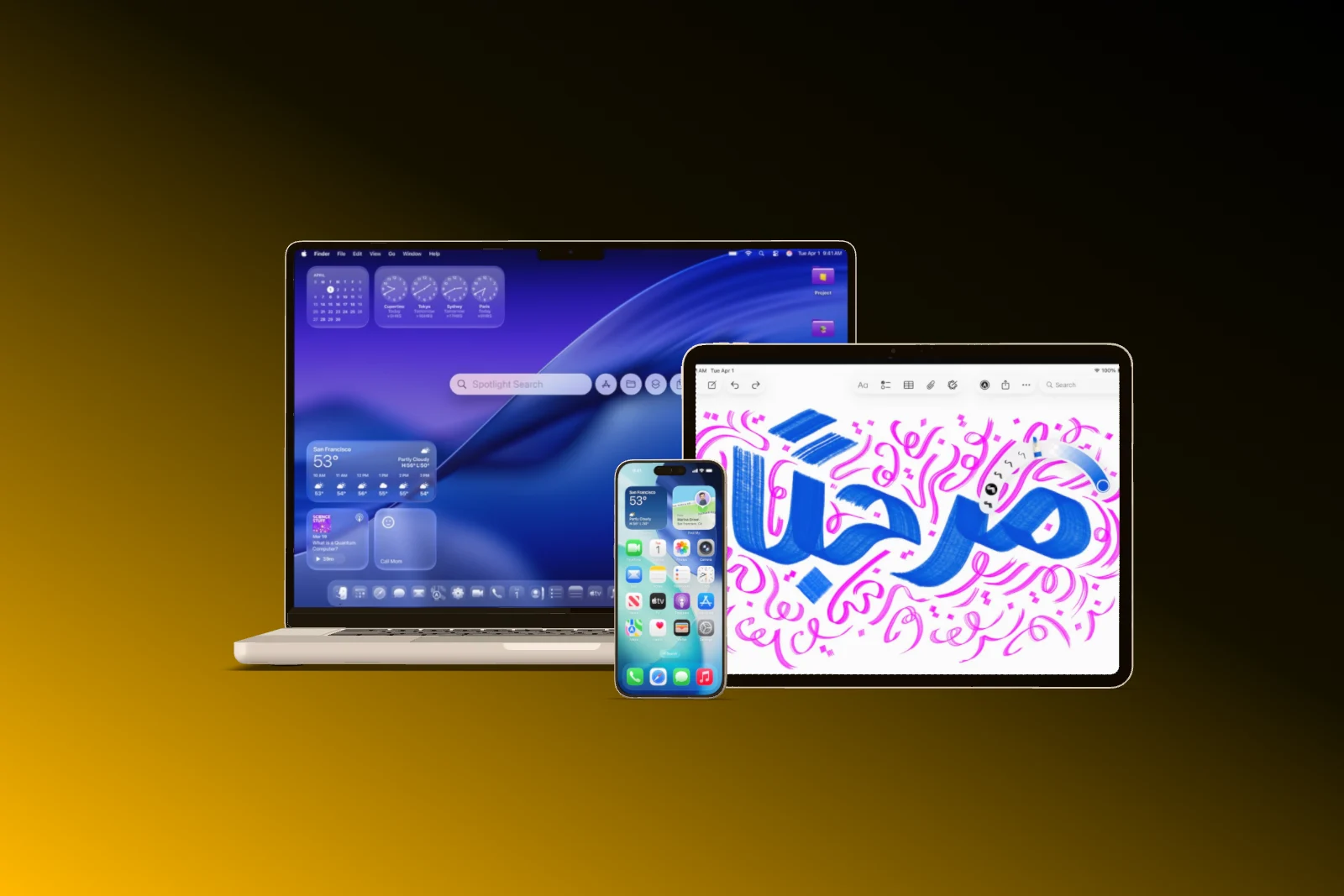 A MacBook, an iPad Pro and an iPhone side by side on a black to amber gradient