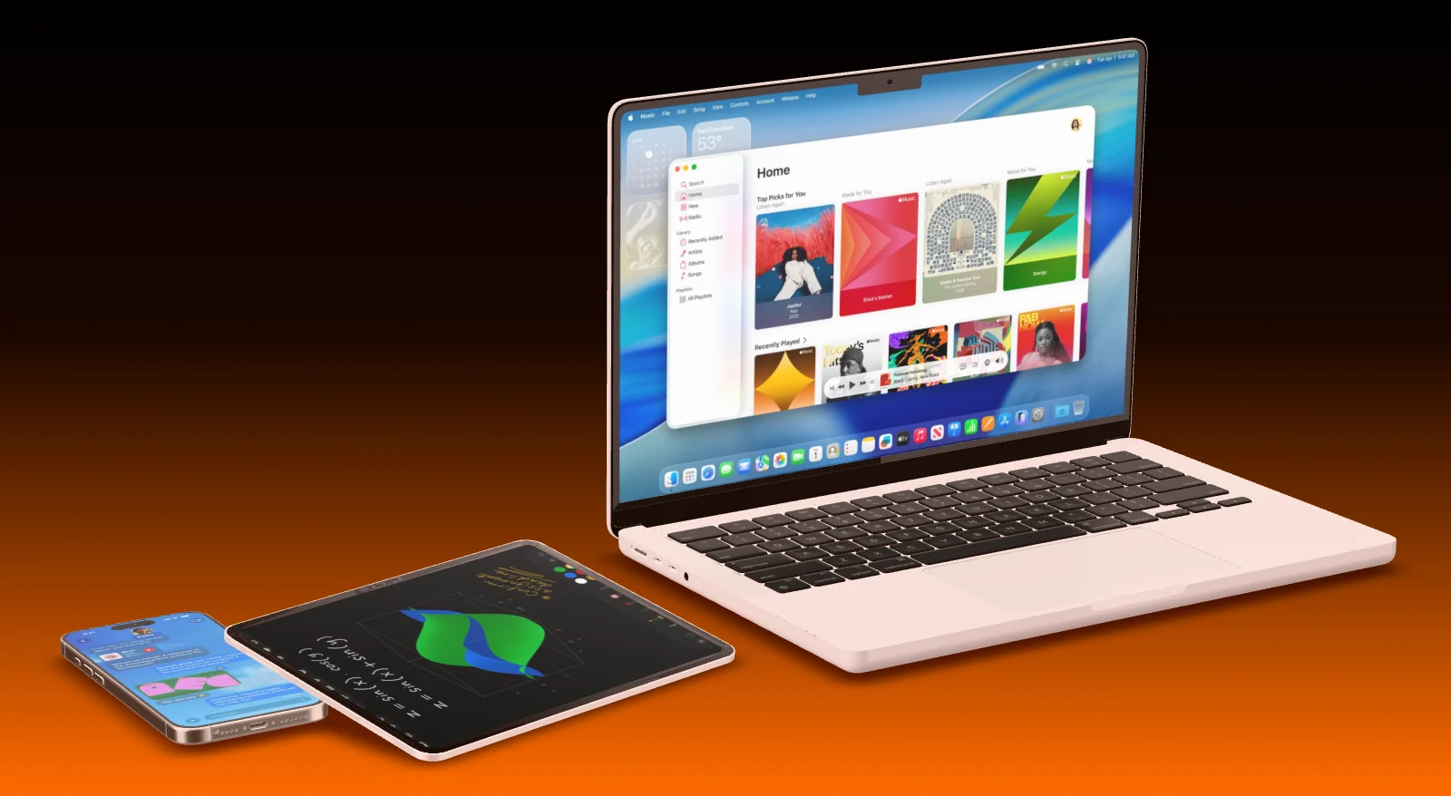 A MacBook Pro 14" on the desk with an iPad Pro 13" and an iPhone 16 Pro Max lying in front of it.