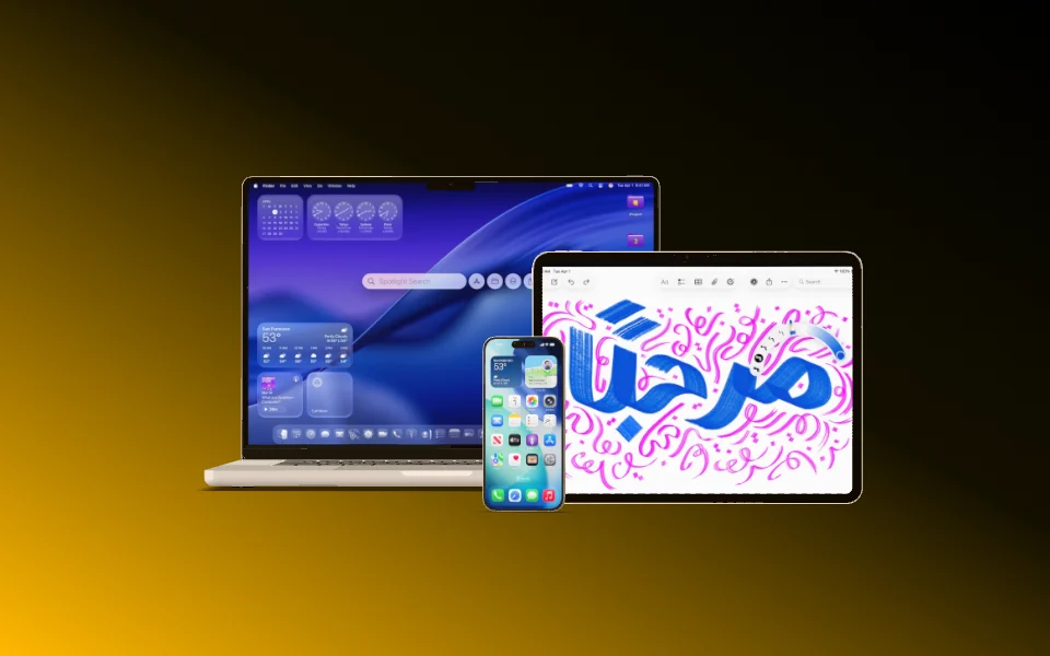 A MacBook Pro 16", an iPad Pro 13" and an iPhone 16 Pro Max standing together.
