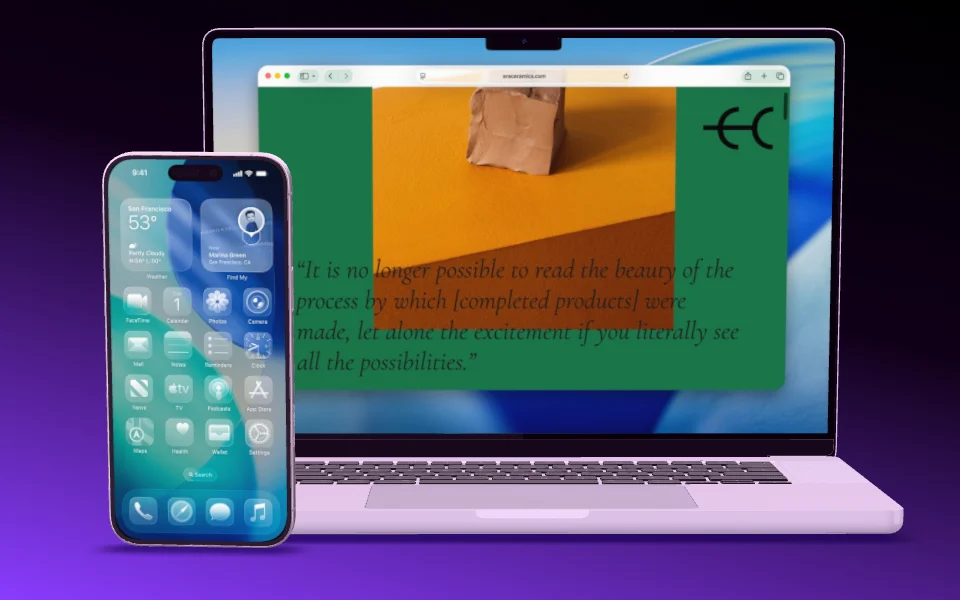 A MacBook Pro 16" with an iPhone 16 Pro Max standing in front of it.
