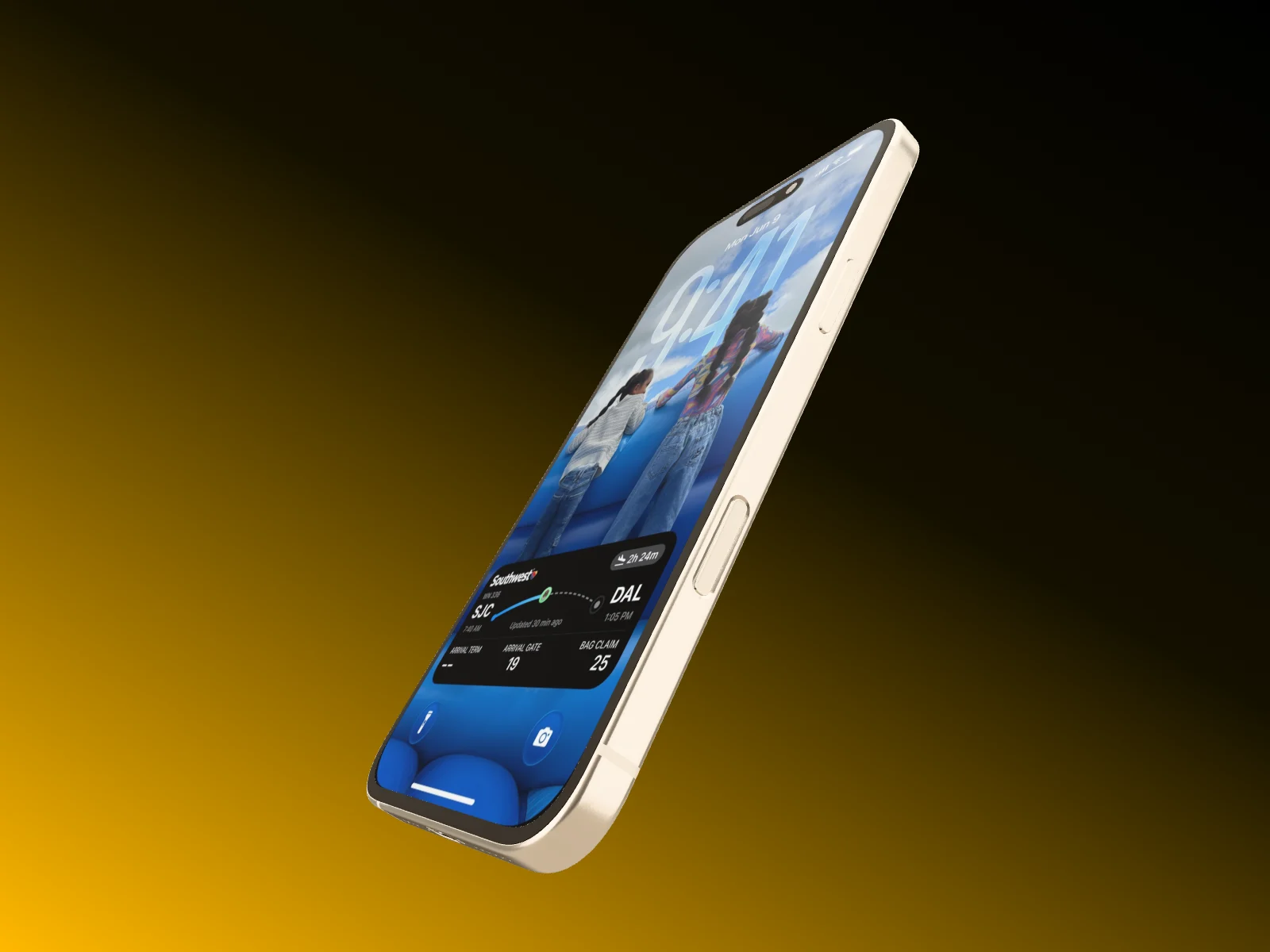 A single iPhone 16 Plus tilted diagonally across the frame, with plenty of room around it.
