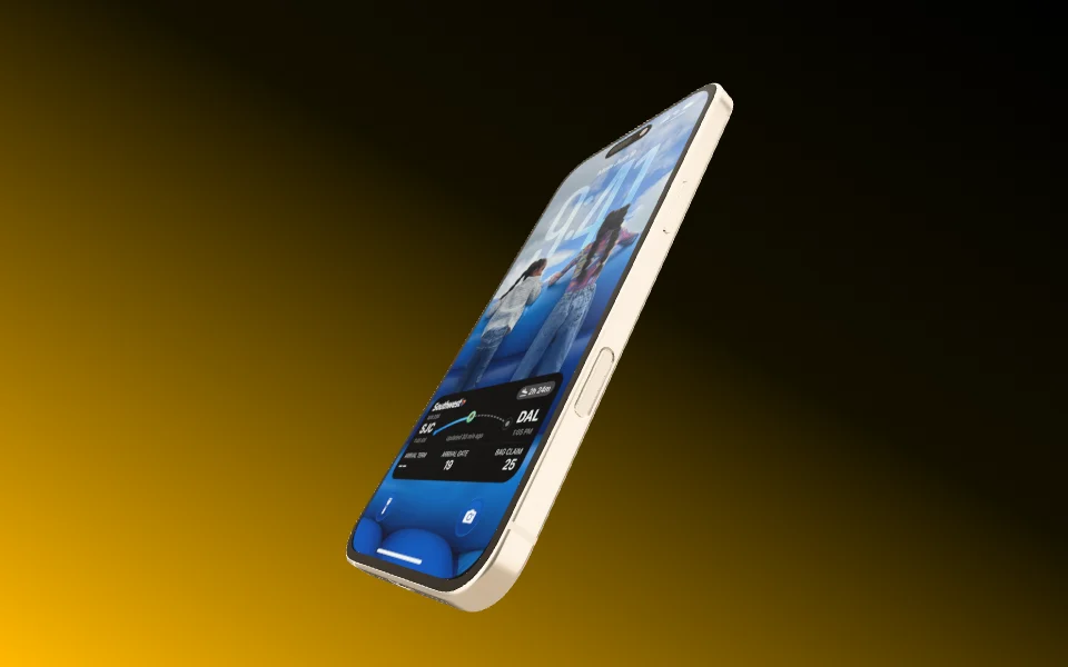 A single iPhone 16 Plus tilted diagonally across the frame, with plenty of room around it.