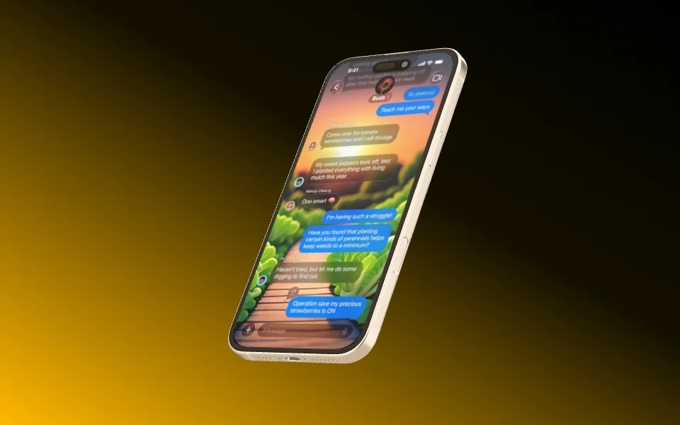 A floating iPhone 16 Plus seen from slightly below.