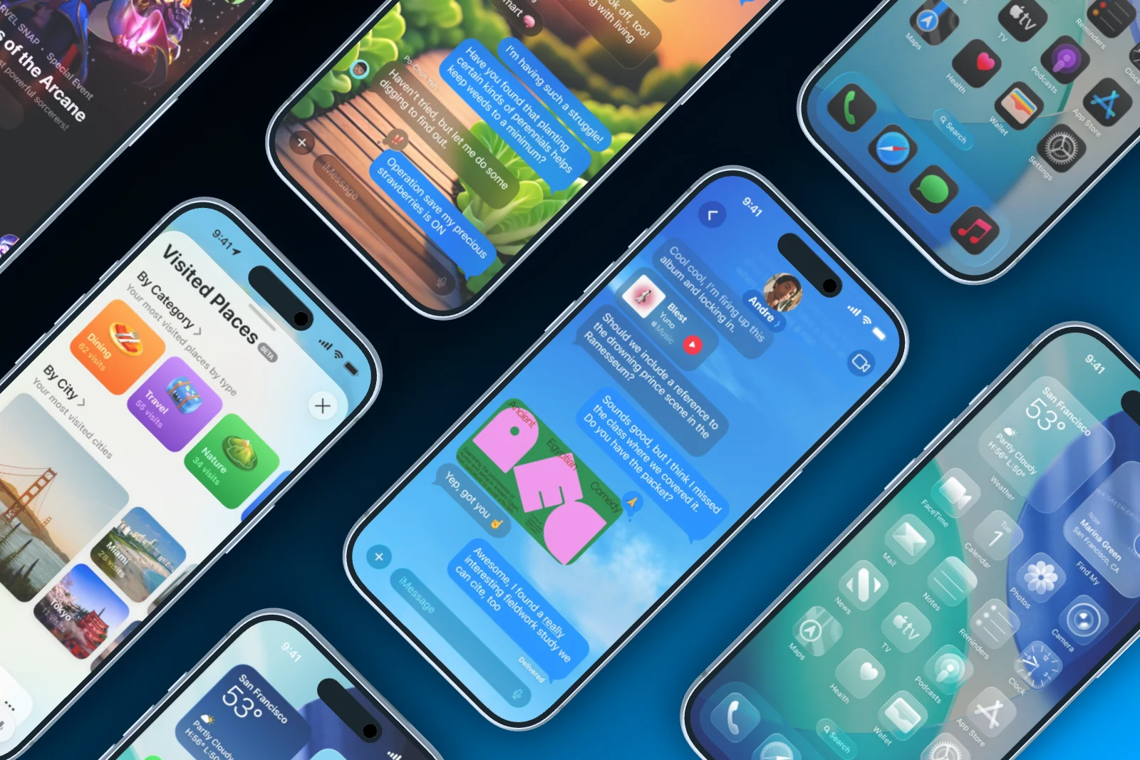 Seven iPhone 17 Pro lying in a diagonal grid