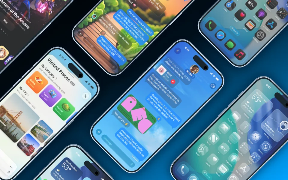 Seven iPhone 17 Pro lying in a diagonal grid.