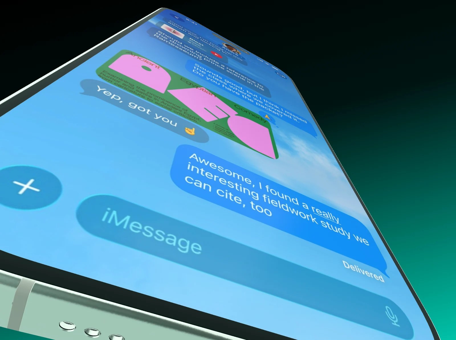 A wide-angle close-up of an iPhone 17: the screen fills the frame and runs off into depth.
