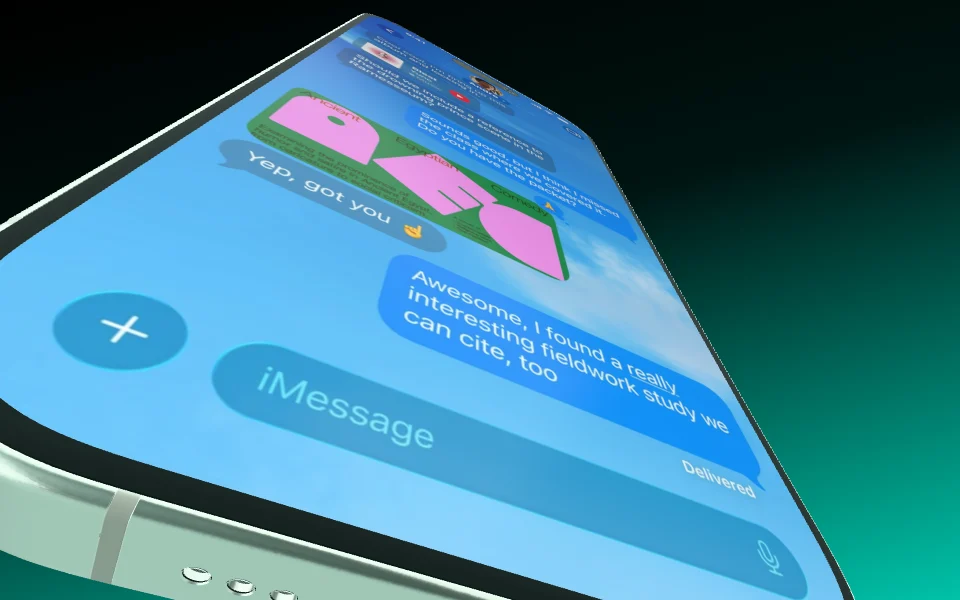 A wide-angle close-up of an iPhone 17: the screen fills the frame and runs off into depth.
