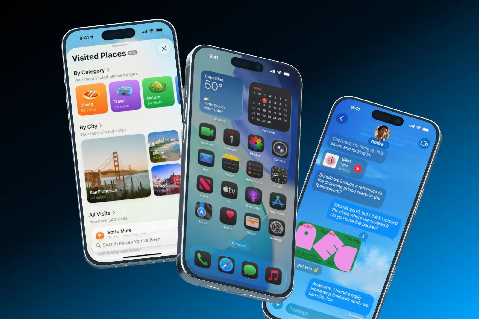 Three iPhones rising into view one after the other