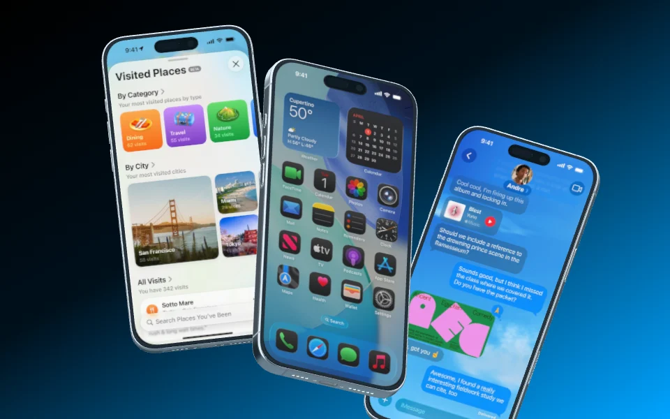 Three iPhone 16 Pro Max rise into view one after the other, float for a moment and disappear again.