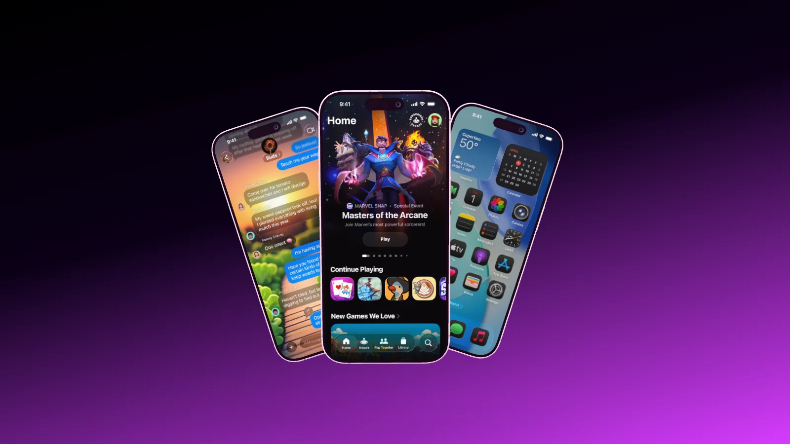 Three iPhone 17 fanned out from the center, the middle one in front.