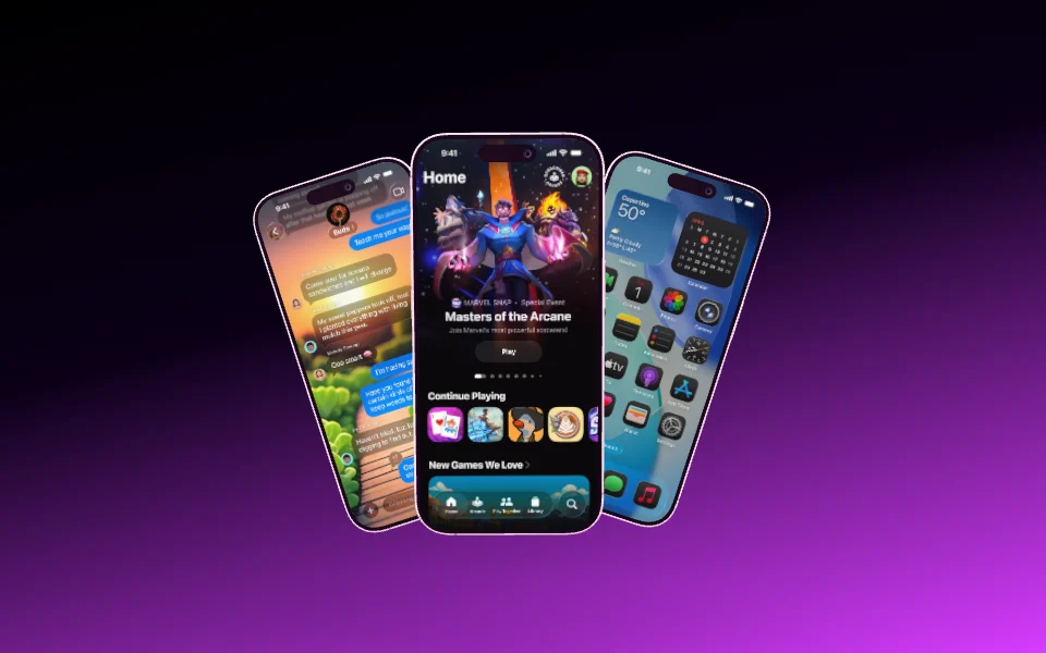 Three iPhone 17 fanned out from the center, the middle one in front.