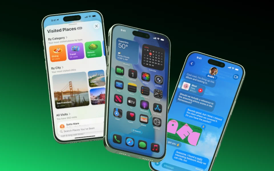 Three iPhone 16 Pro Max floating in a loose fan, close to the camera.
