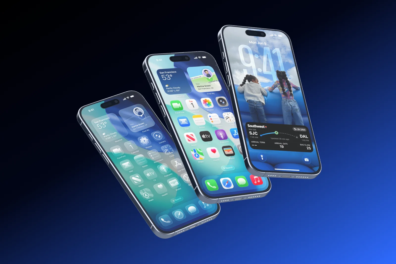 Three iPhone 16 Pro Max leaning into the frame one behind the other, overlapping.