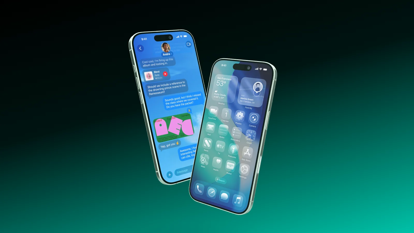 Two iPhone 17 crossing at an angle, one leaning left, one right.