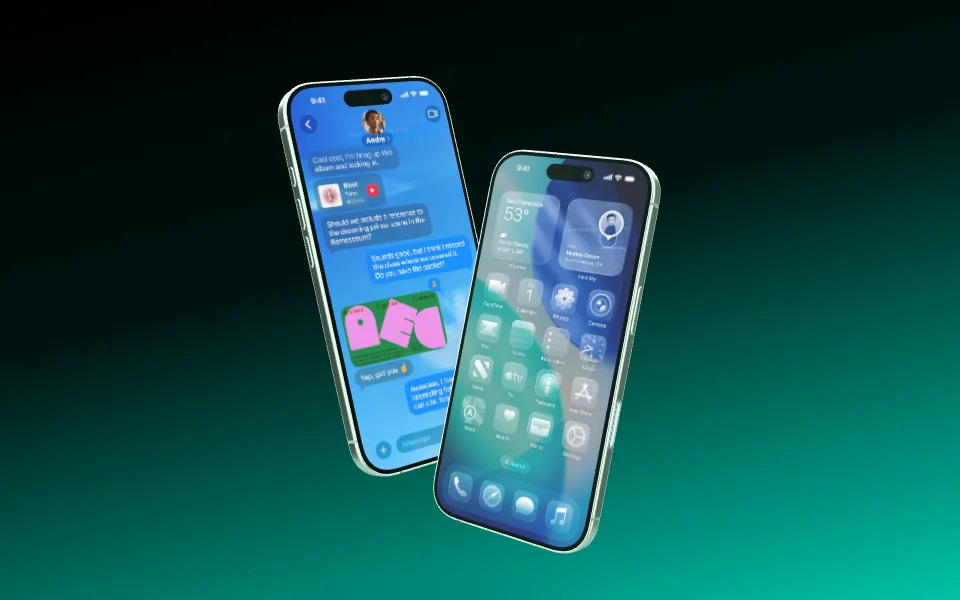 Two iPhone 17 crossing at an angle, one leaning left, one right.