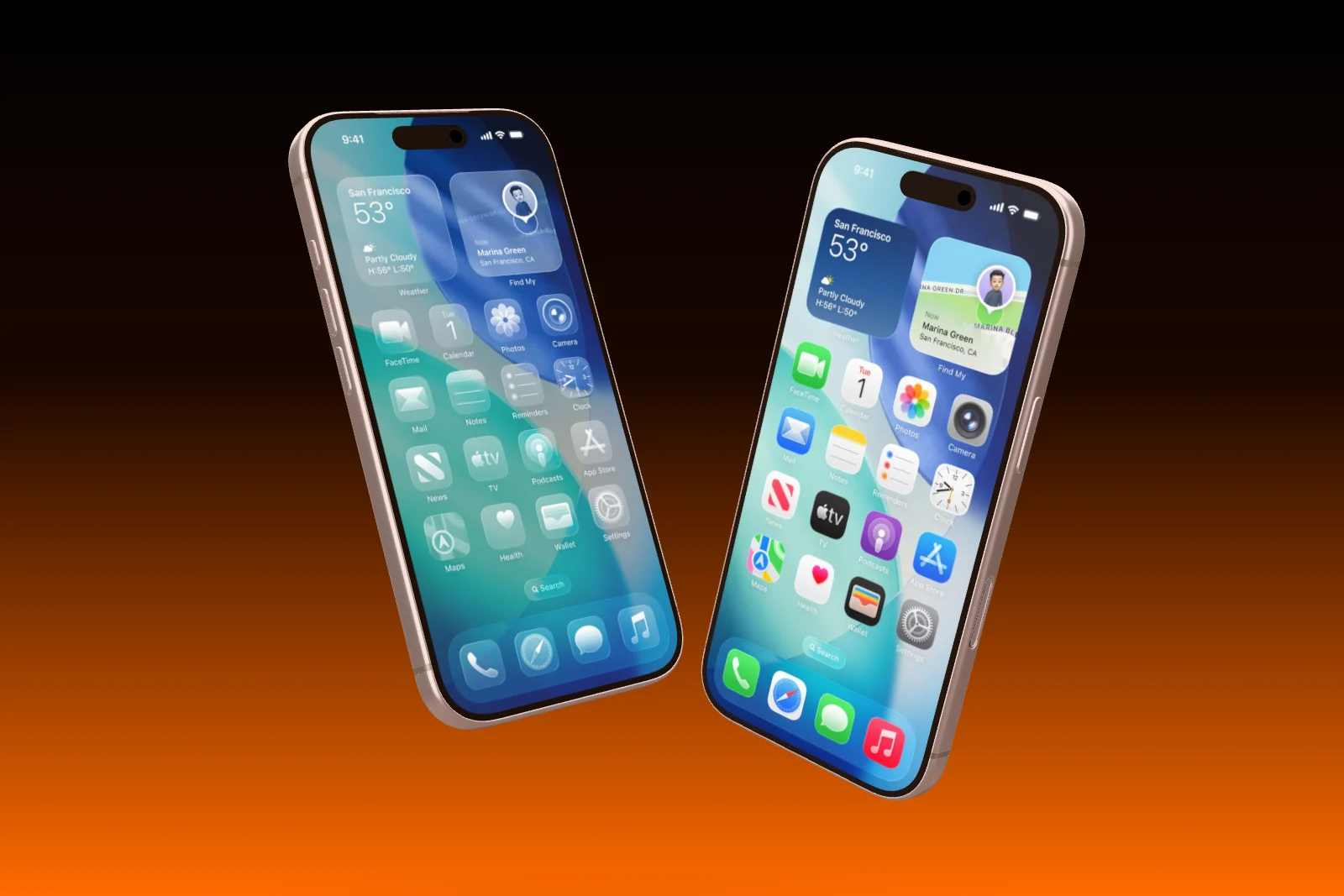 Two iPhone 17 Pro leaning toward each other.
