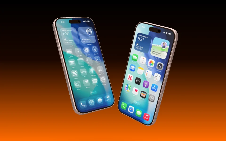 Two iPhone 17 Pro leaning toward each other.