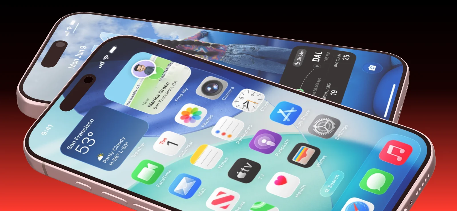 Two iPhone 17 Pro lying side by side, shot close in a wide panorama.