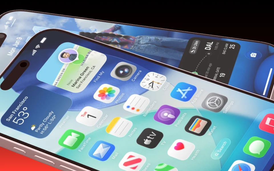 Two iPhone 17 Pro lying side by side, shot close in a wide panorama.