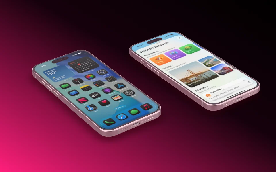 Two iPhone 16 Pro Max lying flat side by side, seen from above at an angle.