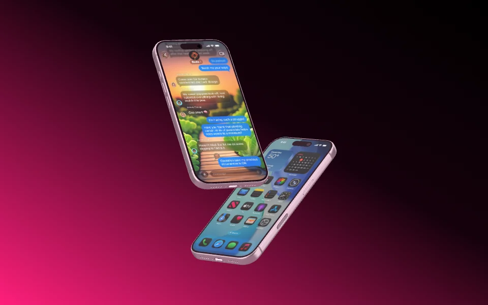 Two iPhone 17 Pro offset diagonally, one higher and further back.
