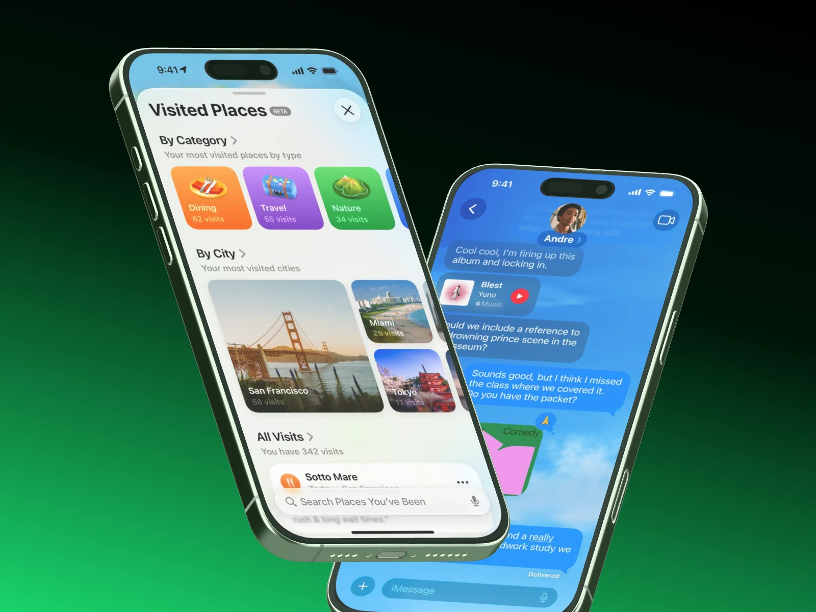 Two tilted iPhones on a black to green gradient