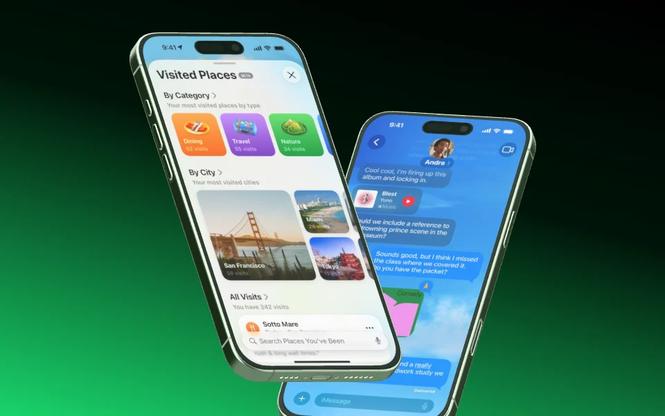 Two iPhone 16 Pro Max tilted the same way, the front one overlapping the one behind.
