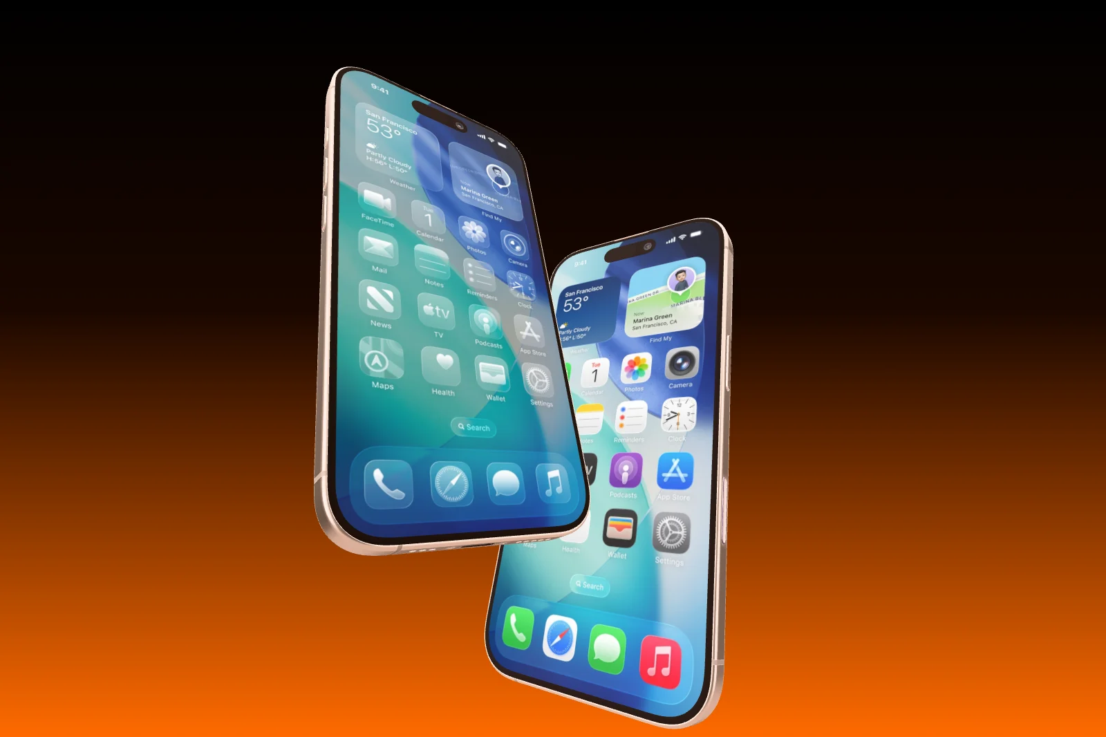 Two iPhone 17 shot up close with a wide-angle lens, one reaching into the foreground.