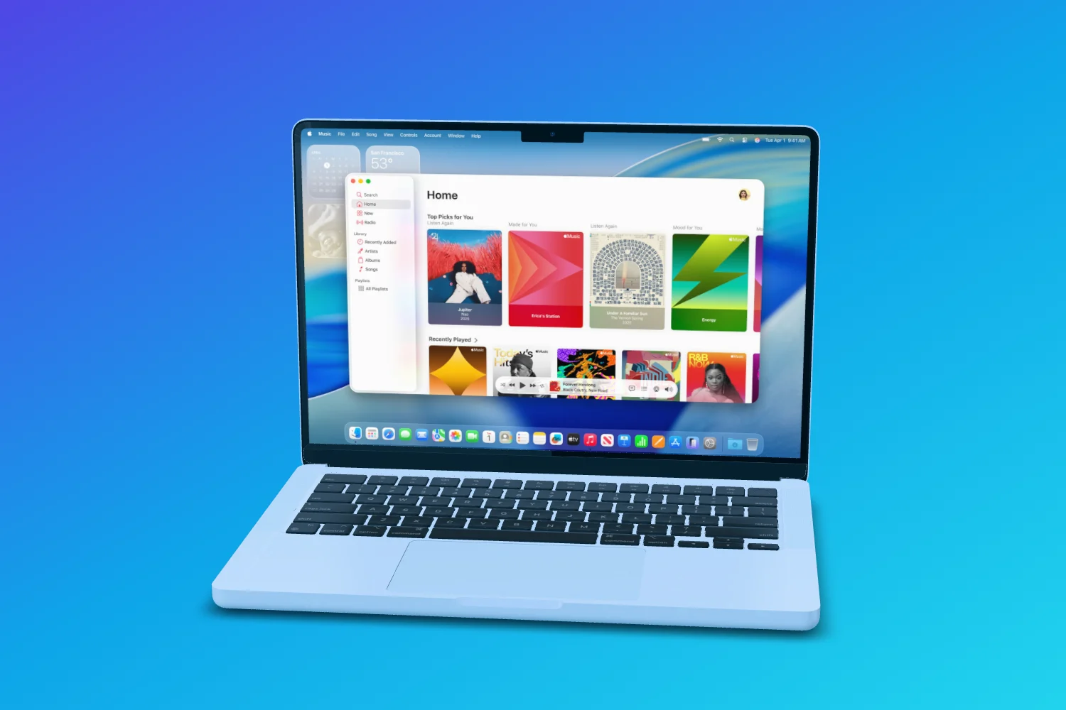 A MacBook with Apple Music, menu bar and Dock on a blue gradient